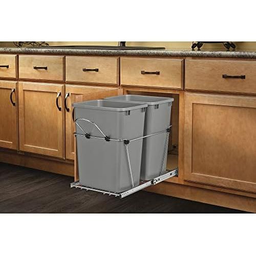  Rev-A-Shelf RV-18KD-17C S Double 35-Quart Sliding Pull Out Kitchen Cabinet Waste Bin Container, Gray