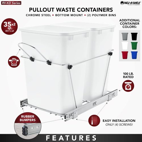  Rev-A-Shelf RV-18KD-17C S Double 35-Quart Sliding Pull Out Kitchen Cabinet Waste Bin Container, Gray