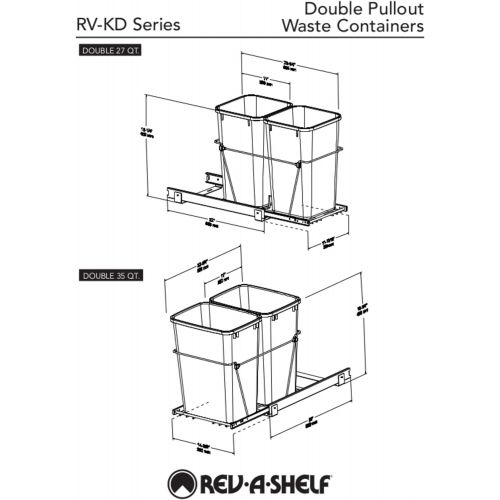 Rev-A-Shelf RV-18KD-17C S Double 35-Quart Sliding Pull Out Kitchen Cabinet Waste Bin Container, Gray