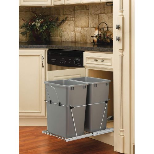  Rev-A-Shelf RV-18KD-17C S Double 35-Quart Sliding Pull Out Kitchen Cabinet Waste Bin Container, Gray
