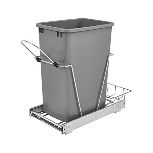  Rev-A-Shelf RV-12KD-17C S Single 35-Quart Sliding Pull Out Kitchen Cabinet Waste Bin Container, Gray