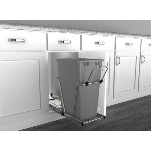  Rev-A-Shelf RV-12KD-17C S Single 35-Quart Sliding Pull Out Kitchen Cabinet Waste Bin Container, Gray