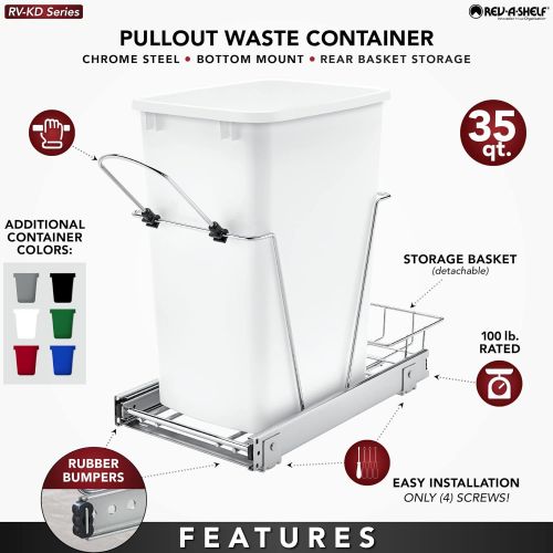  Rev-A-Shelf RV-12KD-17C S Single 35-Quart Sliding Pull Out Kitchen Cabinet Waste Bin Container, Gray