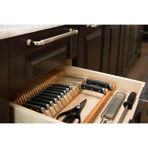  Rev-A-Shelf 4WDKB-1 2-Row Trimmable 55 Slot Knife Block Tray Kitchen Drawer Organizer Insert with Utensil Holder Tray, Wood