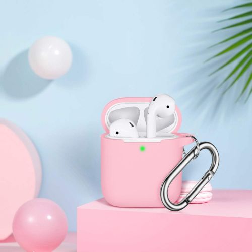  R-fun AirPods Case Cover , Soft Silicone Protective Cover with Keychain for Women Men Compatible with Apple AirPods 2nd 1st Generation Charging Case, Front LED Visible-Pink Sand
