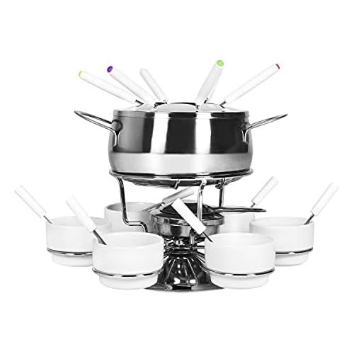  [아마존베스트]Ribelli fondue set, 28 piece stainless steel set, 6 x forks, spoons, plates, bowls for cheese fondue, meat fondue, ideal for 6 people