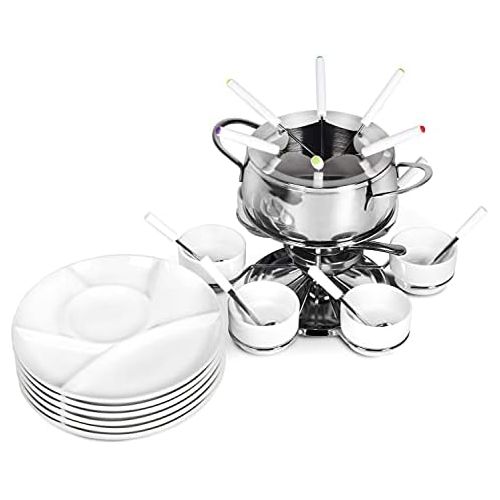  [아마존베스트]Ribelli fondue set, 28 piece stainless steel set, 6 x forks, spoons, plates, bowls for cheese fondue, meat fondue, ideal for 6 people