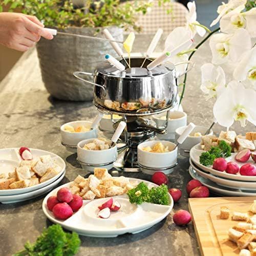  [아마존베스트]Ribelli fondue set, 28 piece stainless steel set, 6 x forks, spoons, plates, bowls for cheese fondue, meat fondue, ideal for 6 people