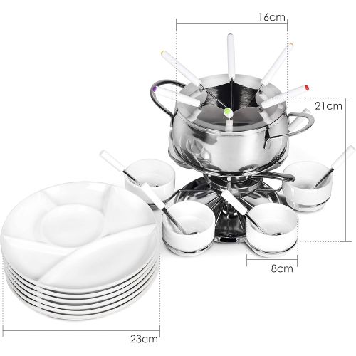  [아마존베스트]Ribelli fondue set, 28 piece stainless steel set, 6 x forks, spoons, plates, bowls for cheese fondue, meat fondue, ideal for 6 people