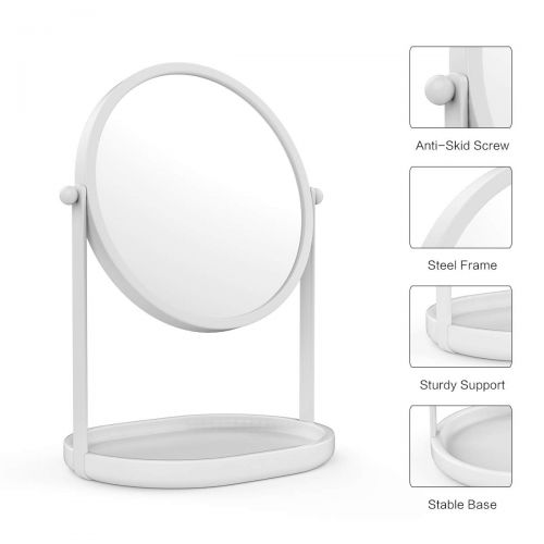  Rich Life Two-Sided Magnifying Makeup Vanity Mirror, 5X Magnification with 360 Degree Swivel Rotation, Tabletop Cosmetic Bathroom Mirror With Stand and Storage Tray (White)