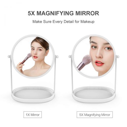  Rich Life Two-Sided Magnifying Makeup Vanity Mirror, 5X Magnification with 360 Degree Swivel Rotation, Tabletop Cosmetic Bathroom Mirror With Stand and Storage Tray (White)