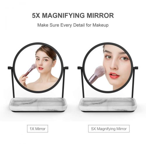  Rich Life Two-Sided Magnifying Makeup Vanity Mirror, 5X Magnification with 360 Degree Swivel Rotation, Tabletop Cosmetic Bathroom Mirror With Stand and Storage Tray (White)