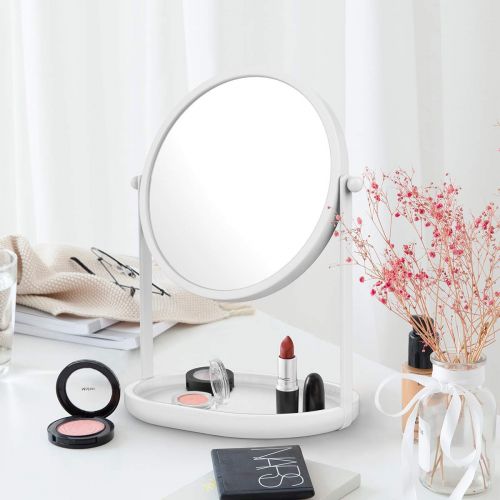  Rich Life Two-Sided Magnifying Makeup Vanity Mirror, 5X Magnification with 360 Degree Swivel Rotation, Tabletop Cosmetic Bathroom Mirror With Stand and Storage Tray (White)