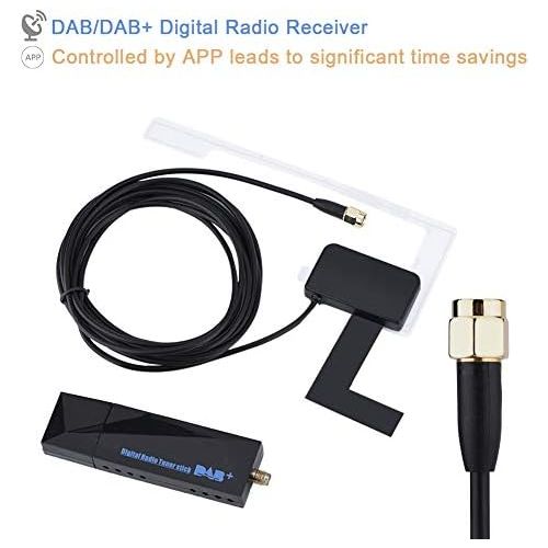  Richer R DAB+ Receiver Stick, Portable Mini DAB/DABUSB 2.0 Digital Radio Tuner Receiver + SMA Glass Antenna Set, Suitable for Android Car USB DAB Car Radio Black