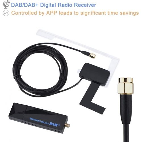  Richer R DAB+ Receiver Stick, Portable Mini DAB/DABUSB 2.0 Digital Radio Tuner Receiver + SMA Glass Antenna Set, Suitable for Android Car USB DAB Car Radio Black