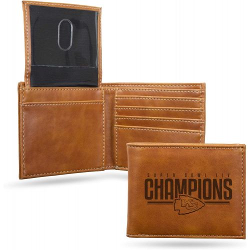  Rico Industries NFL Kansas City Chiefs Super Bowl LIV Champions Laser Engraved Billfold Wallet, Brown