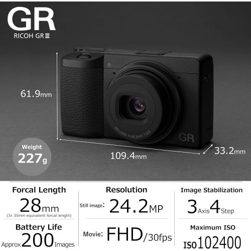  Ricoh GR III Digital Compact Camera, 24mp, 28mm F 2.8 Lens with Touch Screen LCD