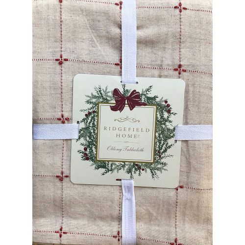  Ridgefield Home Fabric Cotton/Flax Blend Christmas Holiday Pattern Tablecloth Thin Metallic Red Stripes on Tan 60 Inches by 108 Inches