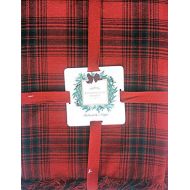 Ridgefield Home Fabric Cotton Christmas Holiday Scottish Plaid Tartan Pattern Tablecloth Red Black Green Fringed Edges 60 Inches 60 Inches