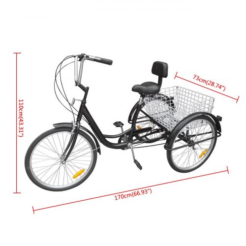  Ridgeyard 24 6 Speed 3 Wheel Cycling Pedal Tricycle Adult Bicycle Trike Bike w/Shopping Basket Black