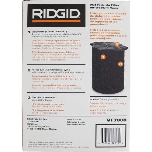  Ridgid VF7000 Genuine Replacement Foam Wet Application Only Vac Filter for Ridgid 5-20 Gallon Wet/Dry Vacuums