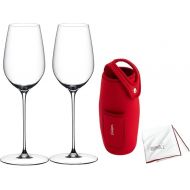 Riedel Superleggero Riesling 9.92-Inch Premium Machine-Made Dishwasher-Safe Wine Glasses (2-Pack) Bundle with Large Microfiber Polishing Cloth, and Drink Grip Wine Bottle Holder (Red) (4 Items)