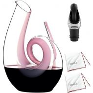 Riedel Curly Decanter (Pink) Bundle with Wine Pourer and Polishing Cloths (2-Pack) (4 Items)