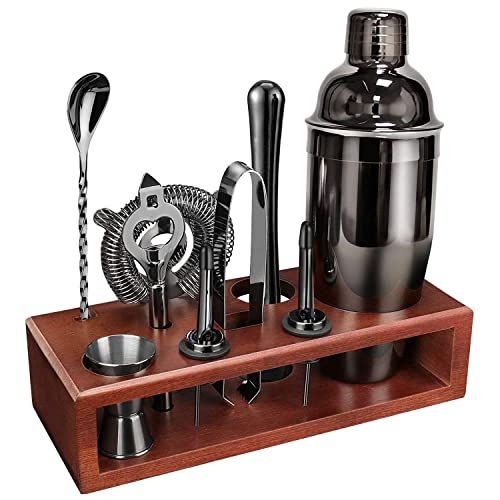  [아마존베스트]Rigoo Cocktail Shaker Set Bartender Kit with Stand Black 24 OZ for Tequila Whiskey, Bar Kit Drink Mixer Shaker Set Including Martini Shaker, Mojito Muddler, Jigger, Mixing Spoon, Hawthor