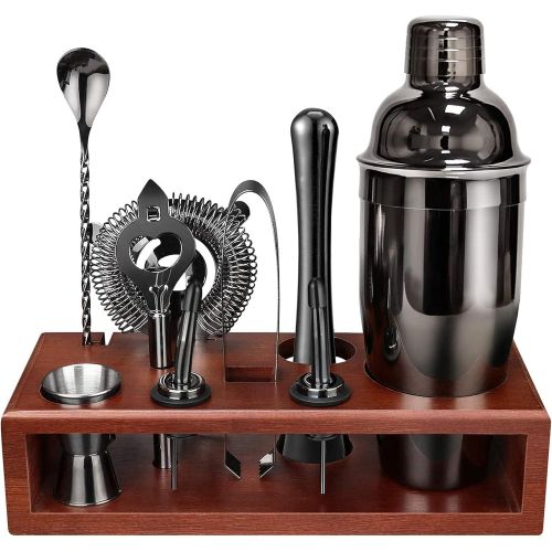  [아마존베스트]Rigoo Cocktail Shaker Set Bartender Kit with Stand Black 24 OZ for Tequila Whiskey, Bar Kit Drink Mixer Shaker Set Including Martini Shaker, Mojito Muddler, Jigger, Mixing Spoon, Hawthor