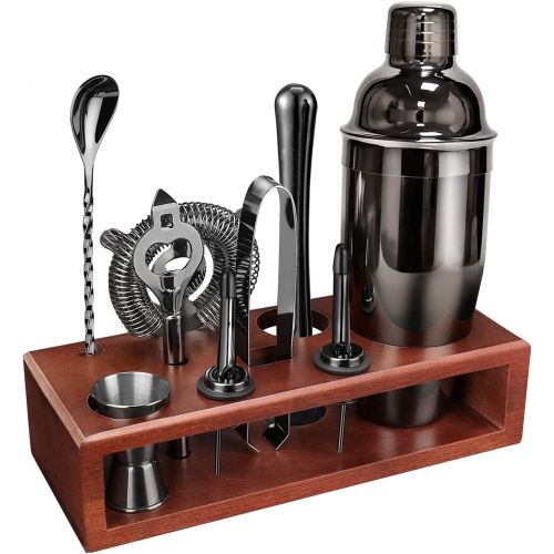  [아마존베스트]Rigoo Cocktail Shaker Set Bartender Kit with Stand Black 24 OZ for Tequila Whiskey, Bar Kit Drink Mixer Shaker Set Including Martini Shaker, Mojito Muddler, Jigger, Mixing Spoon, Hawthor