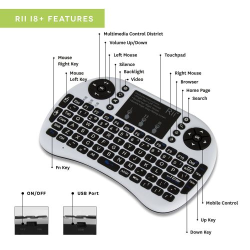  Rii 10079-3 i8+ 2.4GHz Mini Wireless Keyboard with Touchpad Mouse, LED Backlit, Rechargeable Li-ion Battery-White (i8+B)