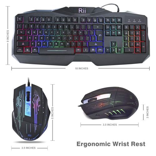  (2019 Upgraded) Rii Gaming Keyboard and Mouse Combo,LED Rainbow Backlit USB Wired Computer Keyboard 104 Key,Spill-Resistant Design,Ergonomic Wrist Rest Keyboard Mouse Set for Windo