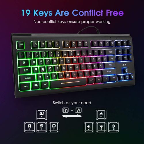  [아마존베스트]Rii Primer RGB Compact Gaming Office Keyboard RK104,Backlight Keyboard,Small 87 Keys No Number Pad Keyboard for Windows PC Laptop Desktop