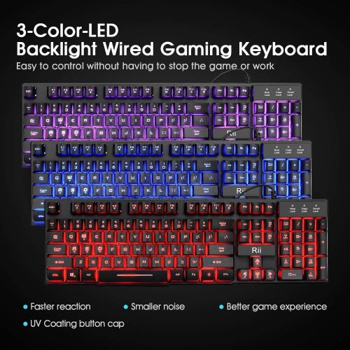  [아마존베스트]Rii RK100 3 Colors LED Backlit Mechanical Feeling USB Wired Multimedia Office Keyboard For Working or Primer Gaming,Office Device