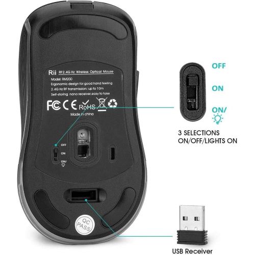  [아마존베스트]Rii RM200 Wireless Mouse,2.4G Wireless Mouse 5 Buttons Rechargeable Mobile Optical Mouse with USB Nano Receiver,3 Adjustable DPI Levels,Colorful LED Lights for Notebook,PC,Computer