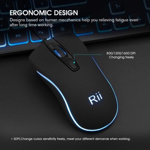  [아마존베스트]Rii Three Colors Backlit Business Keyboard,Gaming Keyboard and Mouse Combo,USB Wired Keyboard,RGB Optical Mouse for Gaming,Business Office