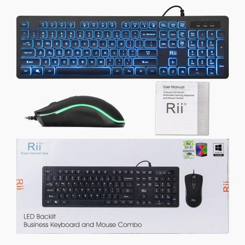  [아마존베스트]Rii Three Colors Backlit Business Keyboard,Gaming Keyboard and Mouse Combo,USB Wired Keyboard,RGB Optical Mouse for Gaming,Business Office