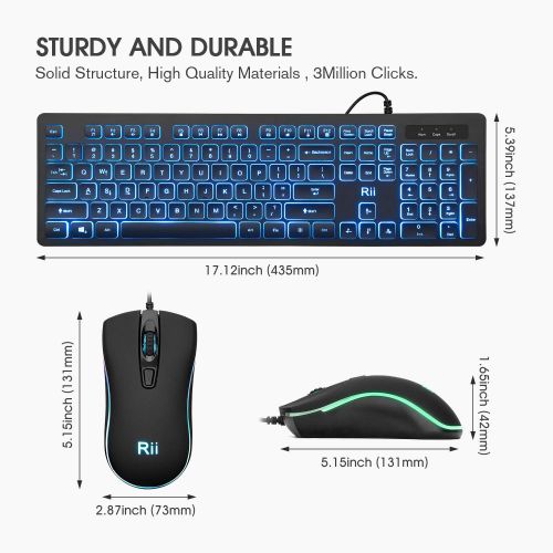  [아마존베스트]Rii Three Colors Backlit Business Keyboard,Gaming Keyboard and Mouse Combo,USB Wired Keyboard,RGB Optical Mouse for Gaming,Business Office