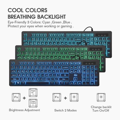  [아마존베스트]Rii Three Colors Backlit Business Keyboard,Gaming Keyboard and Mouse Combo,USB Wired Keyboard,RGB Optical Mouse for Gaming,Business Office