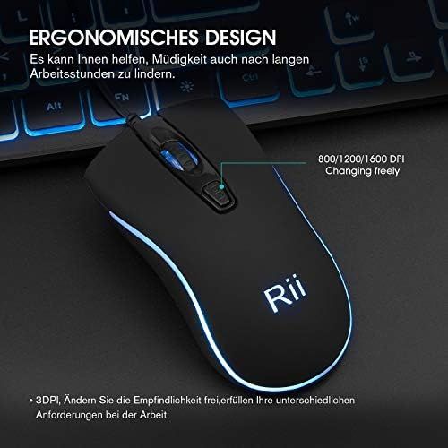  [아마존베스트]Rii Gaming Keyboard and Mouse Set, Keyboard Mouse Set with Cable, 3 LED Backlight QWERTZ (German Layout), Wired Keyboard with Mouse for PC, Computer, Laptop, Black