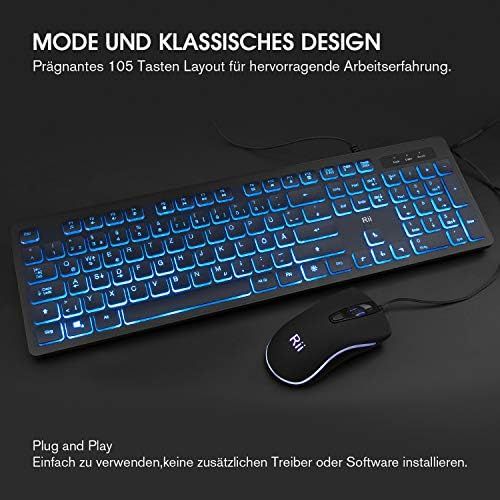  [아마존베스트]Rii Gaming Keyboard and Mouse Set, Keyboard Mouse Set with Cable, 3 LED Backlight QWERTZ (German Layout), Wired Keyboard with Mouse for PC, Computer, Laptop, Black