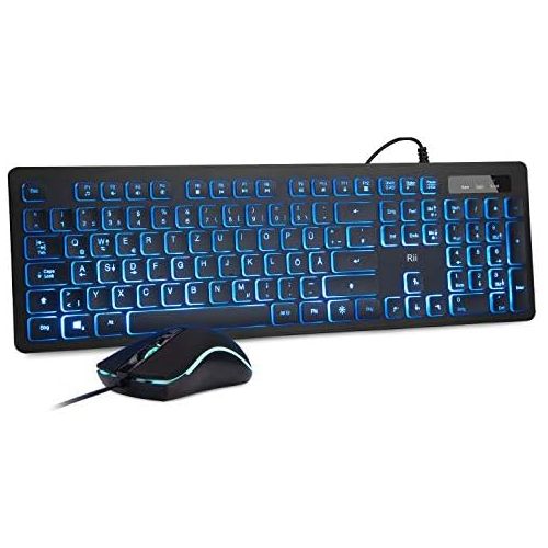  [아마존베스트]Rii Gaming Keyboard and Mouse Set, Keyboard Mouse Set with Cable, 3 LED Backlight QWERTZ (German Layout), Wired Keyboard with Mouse for PC, Computer, Laptop, Black