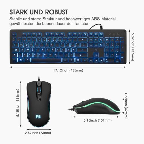  [아마존베스트]Rii Gaming Keyboard and Mouse Set, Keyboard Mouse Set with Cable, 3 LED Backlight QWERTZ (German Layout), Wired Keyboard with Mouse for PC, Computer, Laptop, Black