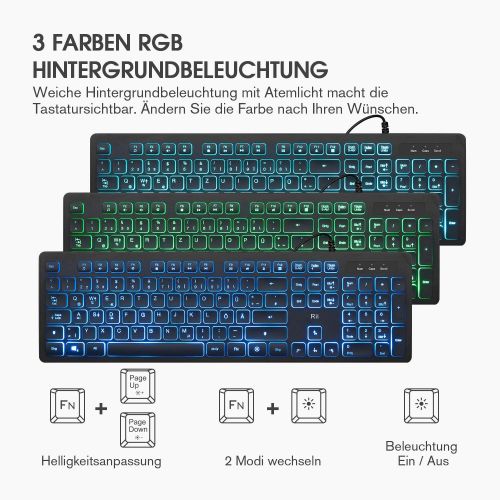  [아마존베스트]Rii Gaming Keyboard and Mouse Set, Keyboard Mouse Set with Cable, 3 LED Backlight QWERTZ (German Layout), Wired Keyboard with Mouse for PC, Computer, Laptop, Black