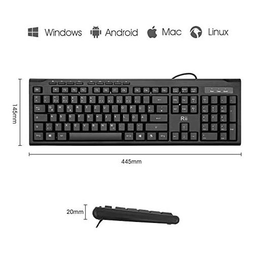  [아마존베스트]Rii RK907 Keyboard USB, Wired Keyboard PC, Business Slim Keyboard with Cable for Mac/PC/Tablet/Windows/Android/Microsoft, QWERTZ German Layout