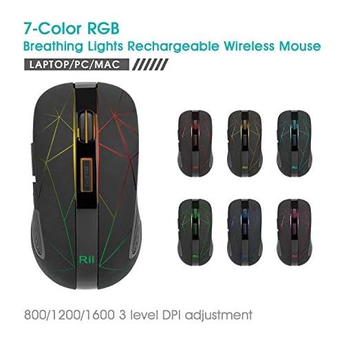  [아마존베스트]Rii Wireless Mouse, 2.4G Wireless Mouse PC Mouse Laptop Mouse Wireless Optical Mouse with USB Nano Receiver, 7 LED Illuminated Mouse for Windows/Mac/Linux, Office Home, Black