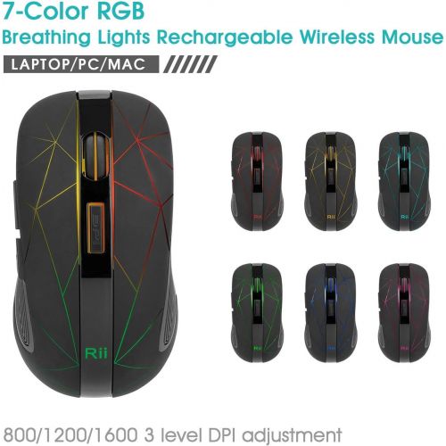  [아마존베스트]Rii Wireless Mouse, 2.4G Wireless Mouse PC Mouse Laptop Mouse Wireless Optical Mouse with USB Nano Receiver, 7 LED Illuminated Mouse for Windows/Mac/Linux, Office Home, Black