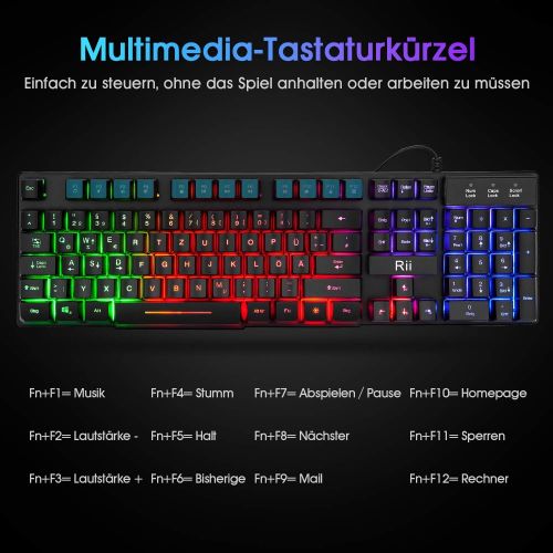  [아마존베스트]Rii Gaming Keyboard PC, PS4 Keyboard USB, Rainbow Illuminated Keyboard LED, Gaming Keyboard Ideal for Gamers, Office (German Layout)