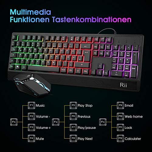  [아마존베스트]Rii Gaming keyboard and mouse set, mouse and keyboard, RGB backlight QWERTZ (DE layout), rainbow colours, illuminated USB waterproof keyboard and mouse with 3200 DPI for pro PC gam