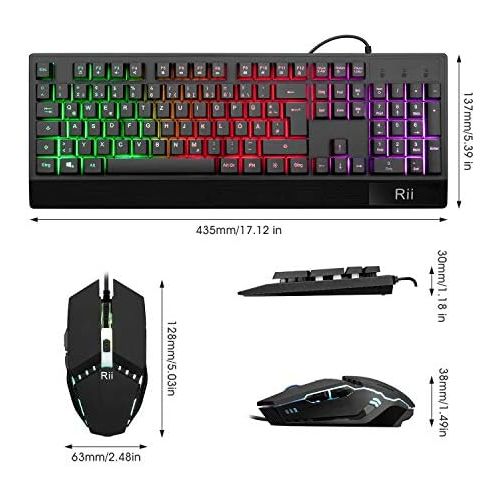  [아마존베스트]Rii Gaming keyboard and mouse set, mouse and keyboard, RGB backlight QWERTZ (DE layout), rainbow colours, illuminated USB waterproof keyboard and mouse with 3200 DPI for pro PC gam